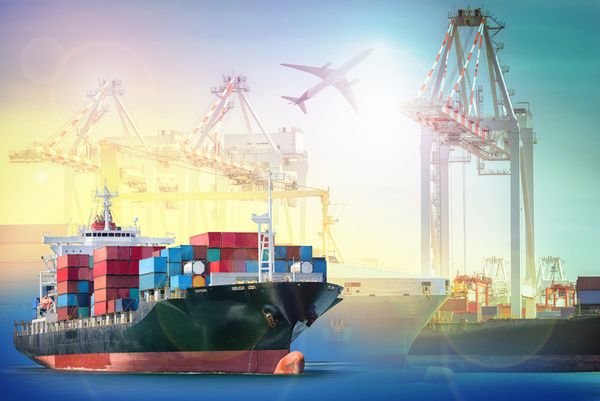 logistics and transportation container cargo ship and cargo plane with working crane bridge in shipyard background, logistic import export background and transport industry.